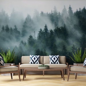 Foggy Wallpaper Mountain Wallpaper Landscape Wallpaper, Forest Green Jungle Mural Wallpaper Peel and stick Cloudy Wallpaper