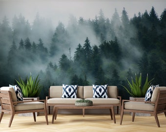 Foggy Wallpaper Mountain Wallpaper Landscape Wallpaper, Forest Green Jungle Mural Wallpaper Peel and stick Cloudy Wallpaper