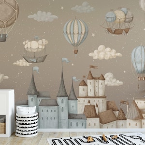 Carta da parati per bambini con castello e cielo notturno da sogno-D169