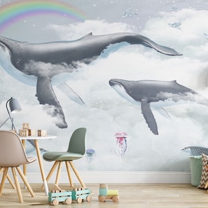 Peel and Stick Children's Wallpaper Whale Flying Across the Sky Mural, Peel and stick & Traditional Paper