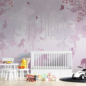 Pink Forest with Unicorn Wallpaper - Jungle and Flying Fairy Wall paper Mural