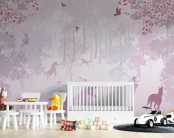 Pink Forest with Unicorn Wallpaper - Jungle and Flying Fairy Wall paper Mural