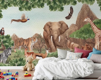 Watercolor Jungle Animal Wallpaper: Safari Peel and Stick Mural