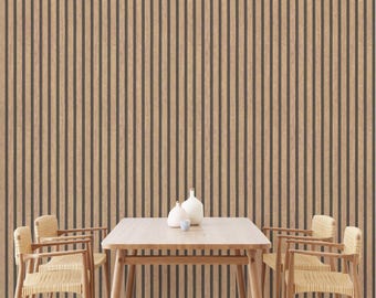 May include: A dining room set featuring a light wood table and four chairs with woven seats, positioned against a wall covered in vertical wood slats with alternating light brown wood grain and dark brown recessed panels.