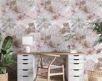 Vibrant Leopard and Floral Print Wallpaper - Self-Adhesive, Easy Apply, Removable - Statement Decor for Bold Interiors