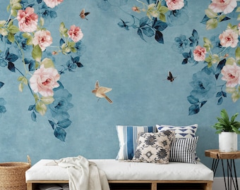 Blue Rose Floral Wallpaper Mural: Elegant Peel and Stick Design