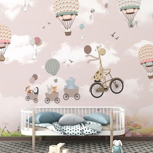 Kids Wallpaper for walls, Hot Air Balloon Peel and Stick Self Adhesive, Kids Playroom Décor for kids Bedroom by Giffywalls