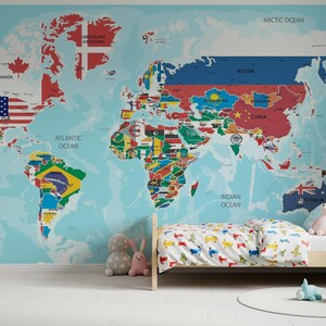 Educational and stylish peel and stick wallpaper showing a world map where each country is marked with its national flag.