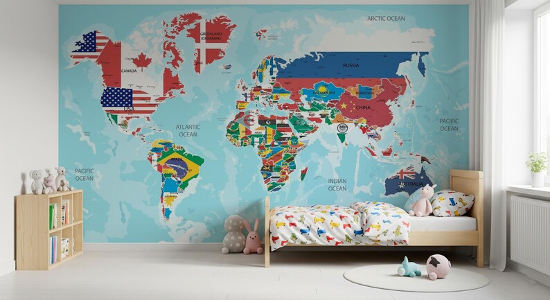 Educational and stylish peel and stick wallpaper showing a world map where each country is marked with its national flag.