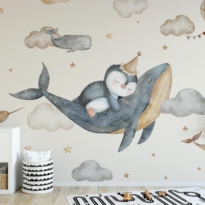 Carta da parati per cameretta dei bambini con balene e pinguini da sogno-D224