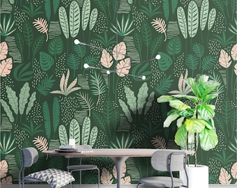 Exotic Tropical Leaves Wallpaper: Dark Green Peel and Stick Wall Mural
