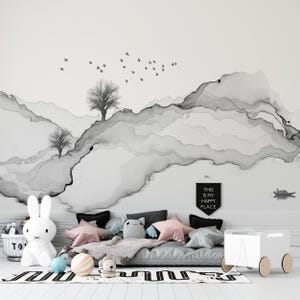 Abstract Landscape Wallpaper Mural - White Ink Art Peel and Stick Wallpaper