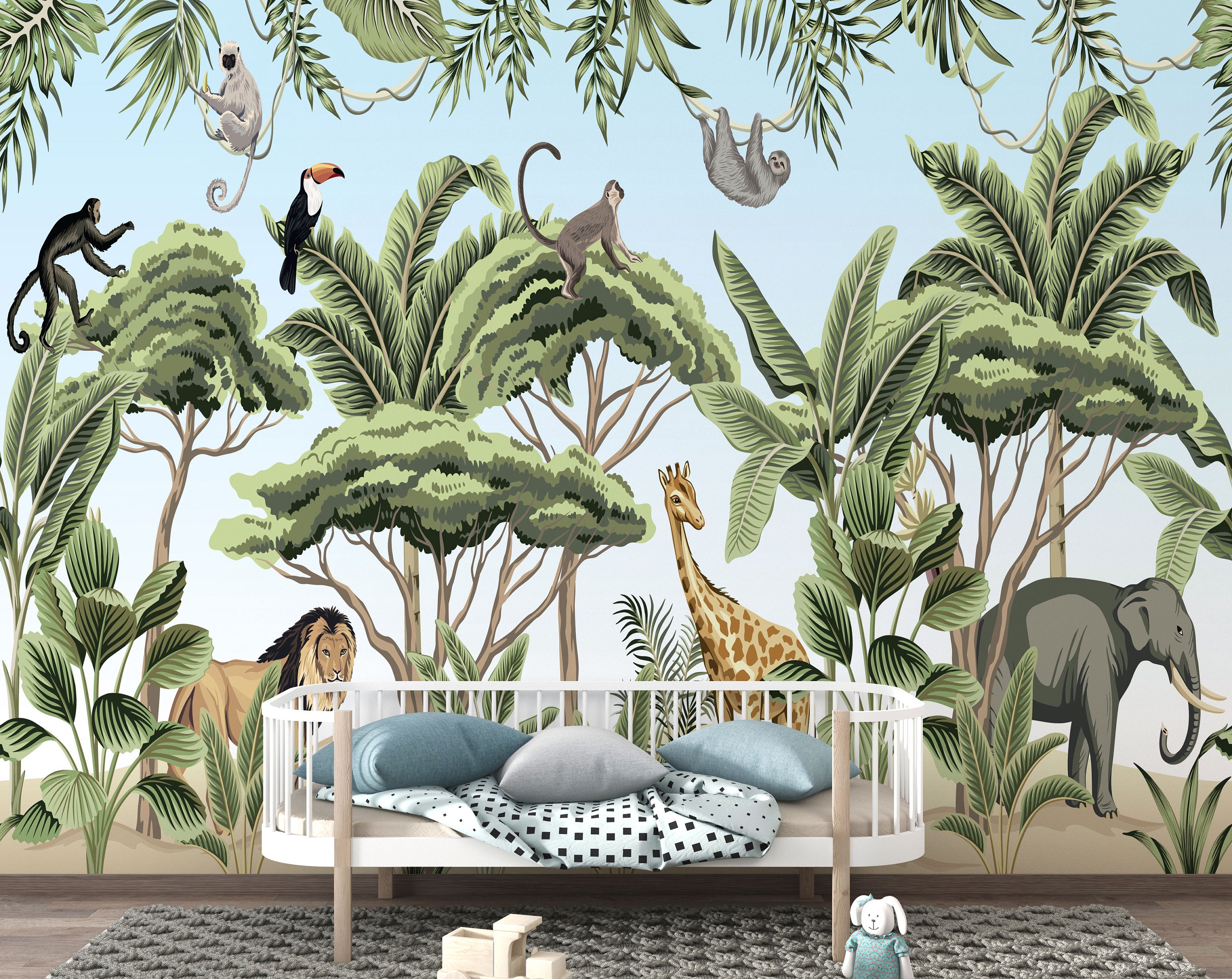 Kids Room Jungle Theme with Animals Wallpaper Nursery Peel | Etsy