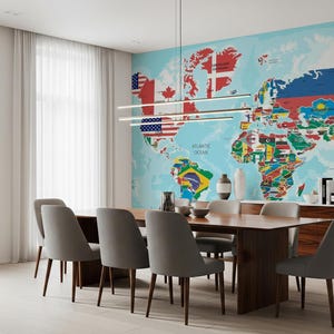 A vibrant peel and stick world map wallpaper featuring the national flag of each country. Removable and easy to apply.