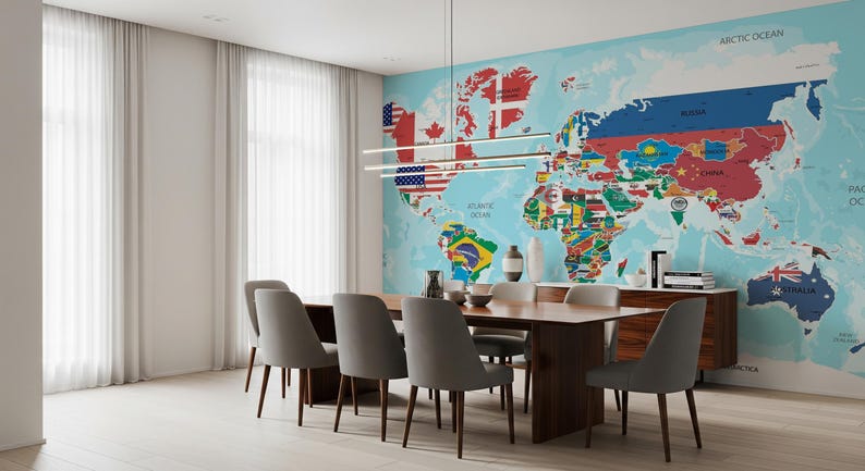 A vibrant peel and stick world map wallpaper featuring the national flag of each country. Removable and easy to apply.