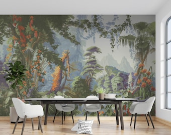 Mural de papel tapiz Oasis del Bosque Verde: Cascada, flores y montañas