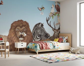 Peel-and-Stick kinderkamerbehang, verwijderbaar safaribehang voor wanddecoratie