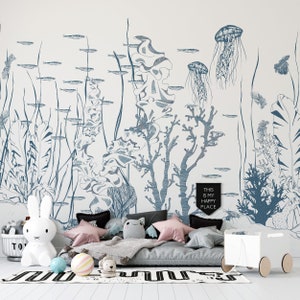 Blue Seabed Wall Decor - Non-Woven Ocean Scene with Shells Fish and Corals - Nautical Wall Art for Home B723