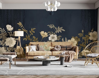 Vintage Gold Floral Wallpaper on Navy Background