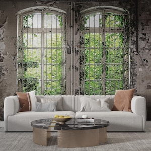 Vintage Window View Wallpaper Mural: Rustic Nature Landscape Wall Decor