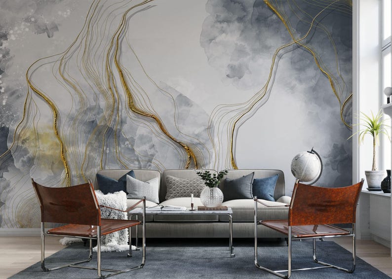 Gray Marble with Gold Veins, Peel and stick wallpaper, Removable wallpaper image 5