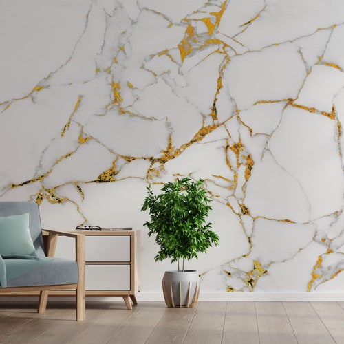 White Marble Wallpaper Golden Yellow Strip Marble Mural Peel Etsy