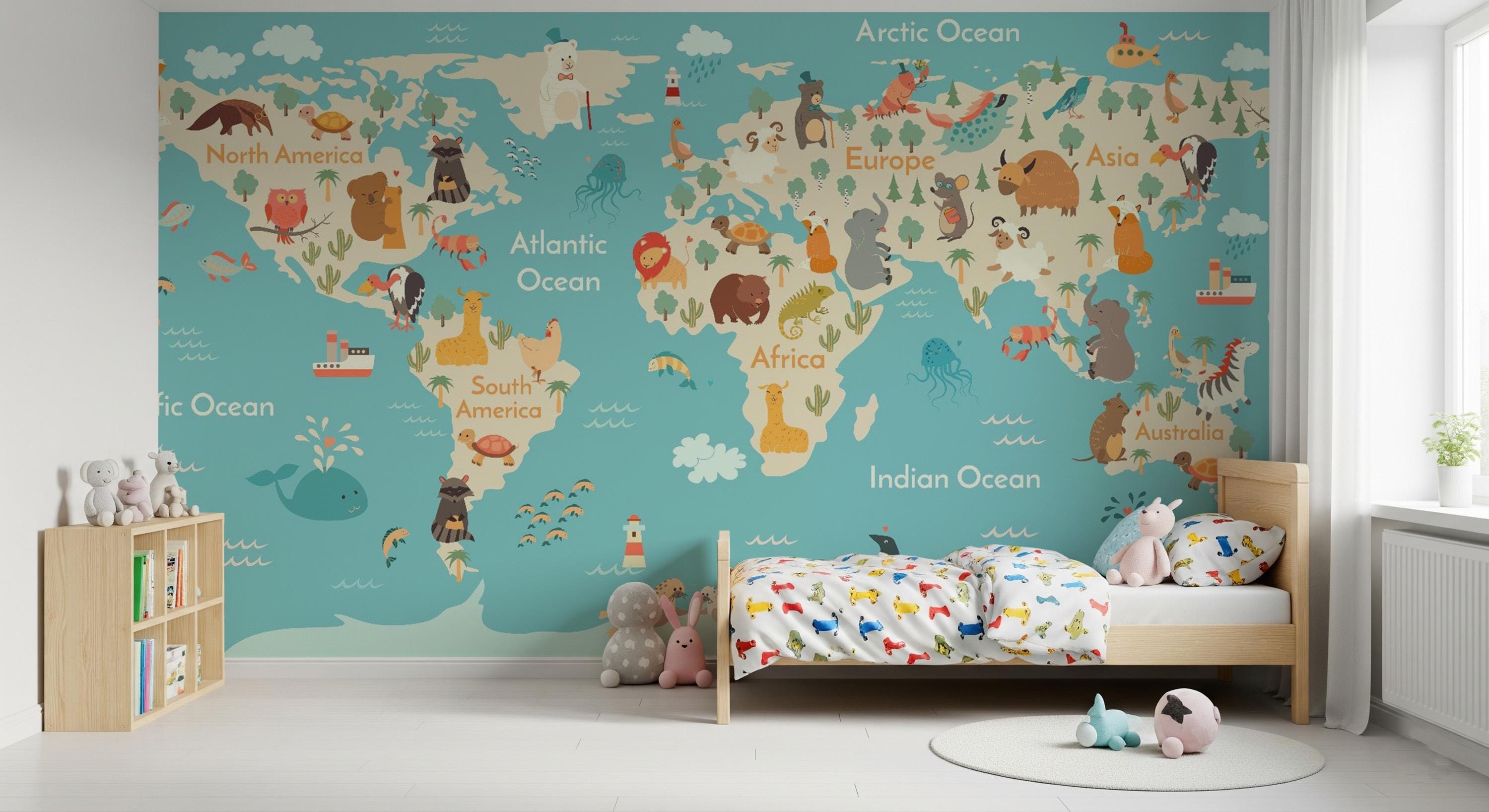 Animal World Map Wallpaper Mural: Kids Room Peel and Stick - Etsy UK