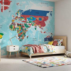 Colorful, removable wallpaper for a kid's room showing a world map with every country's flag illustrated on it.