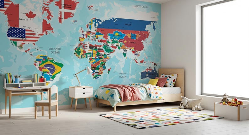 Colorful, removable wallpaper for a kid's room showing a world map with every country's flag illustrated on it.