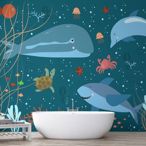 Underwater SeaWorld with Cute Fish and Marine Life Wallpaper Mural, Peel and stick & Traditional Paper