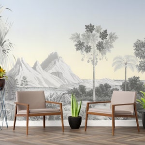Wald Wallpaper - Vintage Tropische Landschaft Tapete Wandbild | Retro Strand Paradies Wand Dekor | Tapete abziehen und aufkleben B688