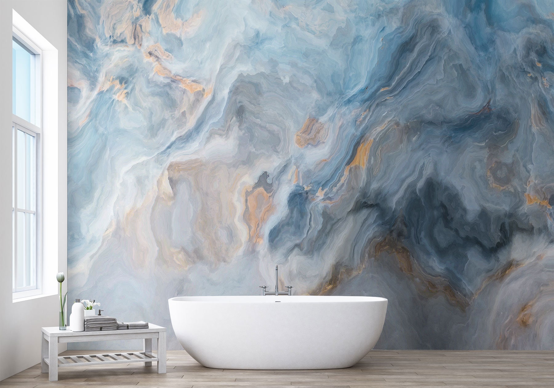 Blue Natural Marble Peel and Stick Removable Wallpaper Murals Etsy