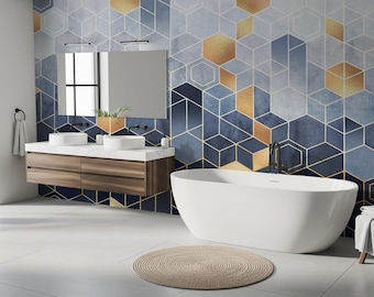 Papel pintado autoadhesivo hexagonal abstracto azul - Relieve geométrico dorado