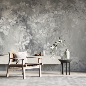 Carta da parati murale con foglie astratte grigie - Design contemporaneo con foglie per interni moderni B479