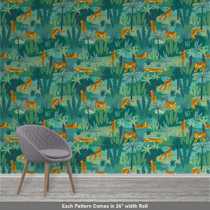 Tiger in the Jungle Wallpaper Tiger Wallpaper Peel and Stick | Etsy