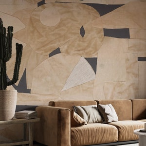 Carta da parati murale staccabile e adesiva - Design astratto con ritagli di tessuto - Carta da parati color beige e nero - Murale d'arte moderna
