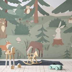 Whimsical Forest Animal Wallpaper Mural for Kids Room - Peel and Stick Wallpaper-C394