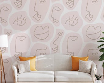 Abstract Line Art Faces Peel and Stick Wallpaper: Removable Home Decor