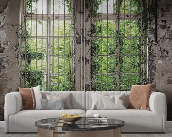 Vintage Window View Wallpaper Mural: Rustic Nature Landscape Wall Decor