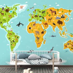 Kinder Welt Karte Wallpaper, Kinder Tier Welt Karte Wallpaper, Kinderzimmer schälen und stick Tapete || Tapete
