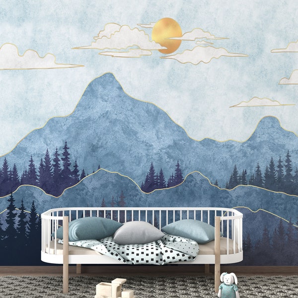 Blue Mountains and Trees wallpaper , Forest peel and stick Wallpaper, Self Adhesive By Giffywalls