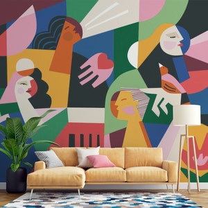 Carta da parati colorata di arte moderna alla moda con donna - Carta da parati per negozi di tessuti - Decorazione murale di ultimo design alla moda
