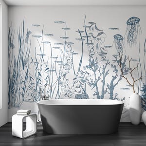 Blue Seabed Wallpaper: Non-Woven Nautical Wall Art