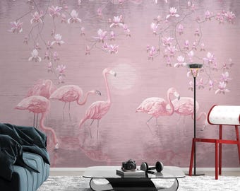Flamingo Pink Flower Wallpaper Mural - Peel and Stick Tropical Wallpaper