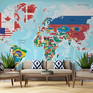 Weltkarte Wallpaper, Weltkarte mit Flagge des Landes Peel and Stick Wallpaper, abnehmbare Tapete