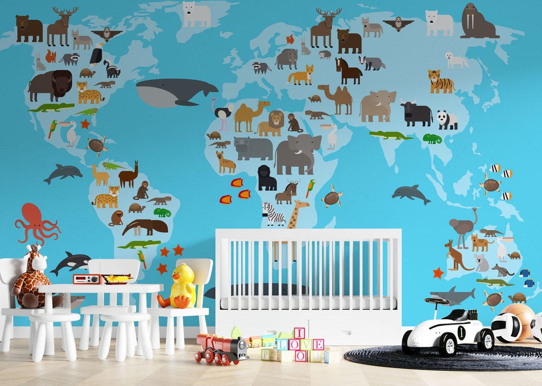 Animal Map Mural: Peel and Stick Educational Wallpaper for Kids Room - Etsy