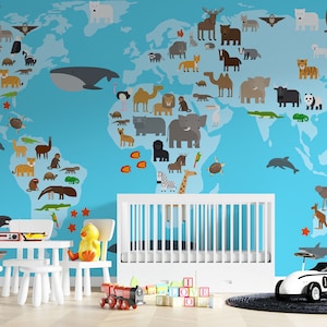 Animal Map Mural: Peel and Stick Educational Wallpaper for Kids Room