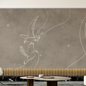 Celestial Doves Wall Mural, Soft Neutrals, Stars (Bedroom or Nursery)