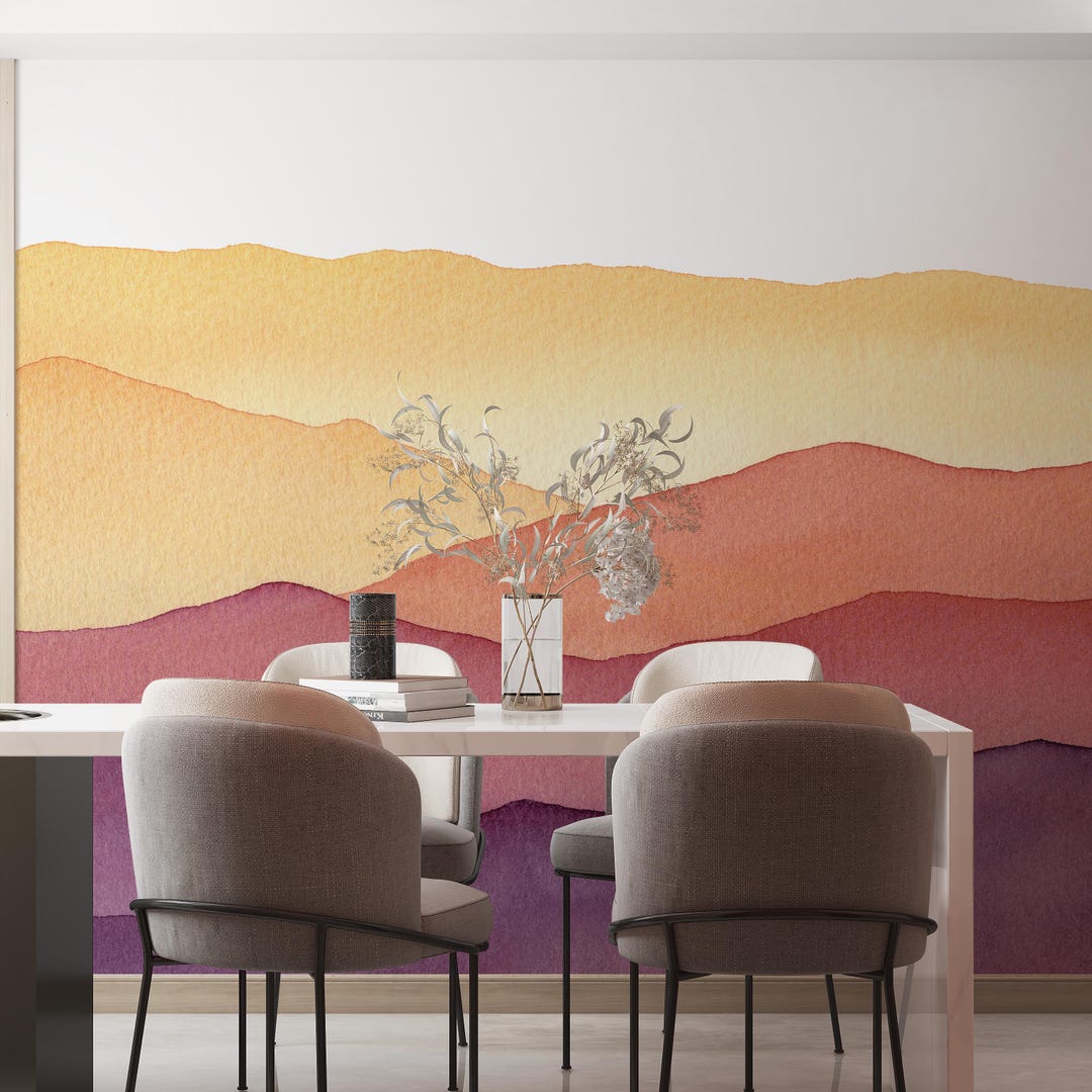 Watercolor Mountain Wallpaper Mural: Colorful Peel and Stick Wall Art ...