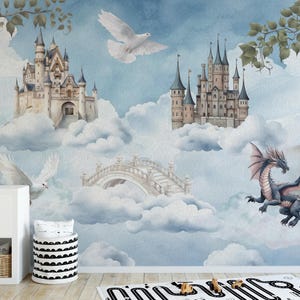 Dreamy Cloud Castle and Dragon Wallpaper Mural